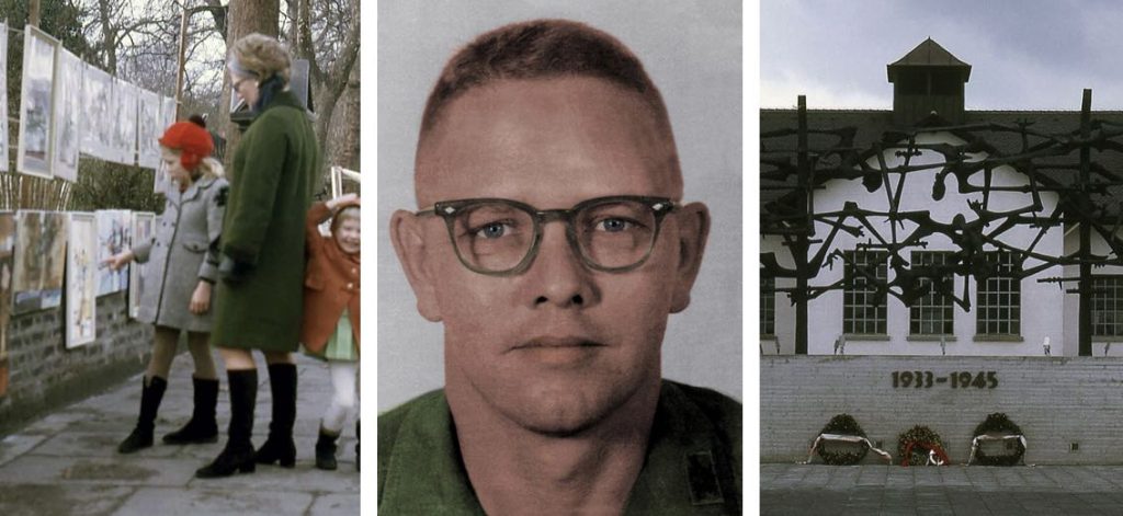 L: Donna, Dena, and Tisa Musil enjoy the artwork in Paris, circa 1969; M: Major Louis F. “Bud” Musil in Bad Kreuznach, Germany in 1969; R: Dachau Concentration Camp Memorial Site in Germany, circa 1969. Photos courtesy of the Musil family.