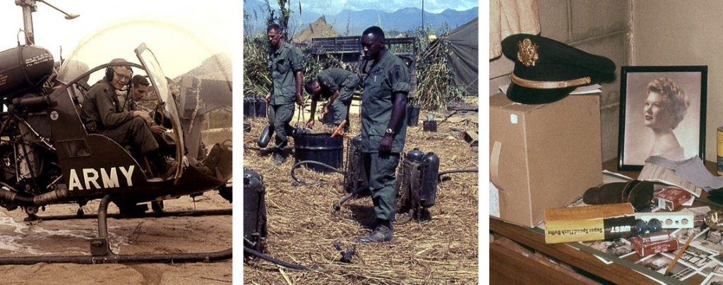 L: Major Bud Musil on board a helicopter in Vietnam, circa 1967; M: 173rd Airborne soldiers pull duty in Dak To, Vietnam, circa 1967; R: Major Bud Musil’s desk in Vietnam, circa 1967. Photos courtesy of the Musil family.