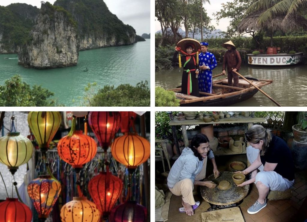 Top L: Halong Bay, Vietnam; Top R: Water puppet show in Yen Duc Village; Bottom L: Lanterns in Hoi An, Vietnam; Bottom R: Donna Musil learns to make pottery in Hoi An, Vietnam. Photos courtesy of Donna Musil and Chris Kyrios.