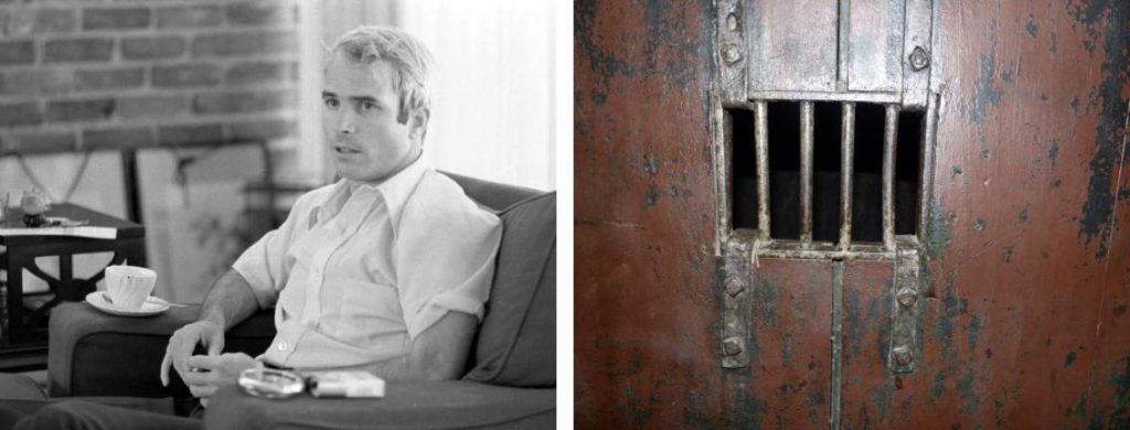 L: John McCain during a 1973 interview, one month after being released from prison in Vietnam; R: Hao Lo Prison, where John McCain was held as a prisoner of war for five-and-a-half years. (Photo courtesy of Donna Musil)